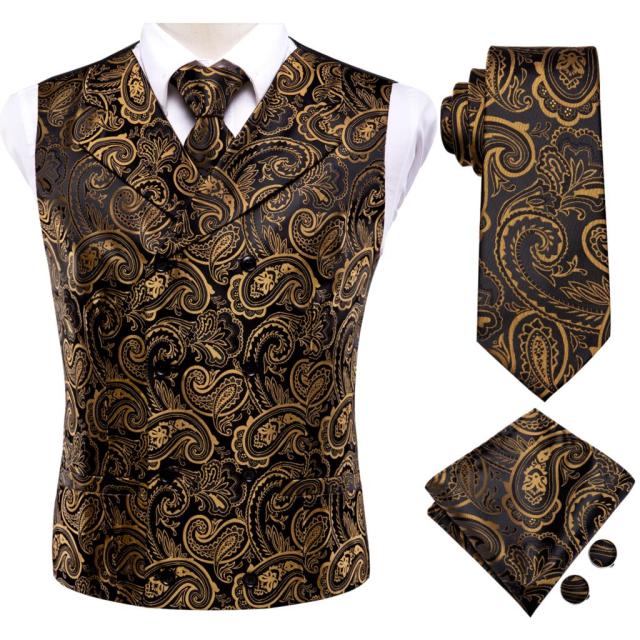Silk Mens Vests Necktie Set Business Formal Dress Slim Waistcoat 4pcs Vest Tie Hanky Cufflinks for Suit Blue Red Paisley Floral