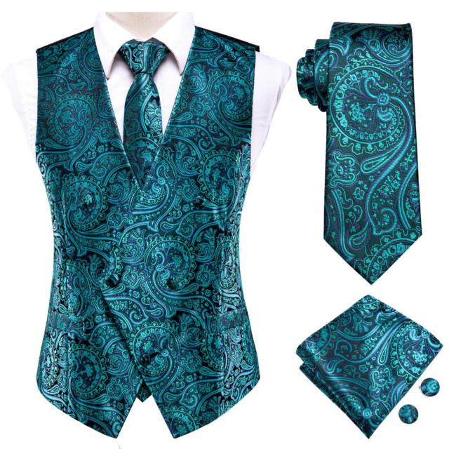 Silk Mens Vests Necktie Set Business Formal Dress Slim Waistcoat 4pcs Vest Tie Hanky Cufflinks for Suit Blue Red Paisley Floral