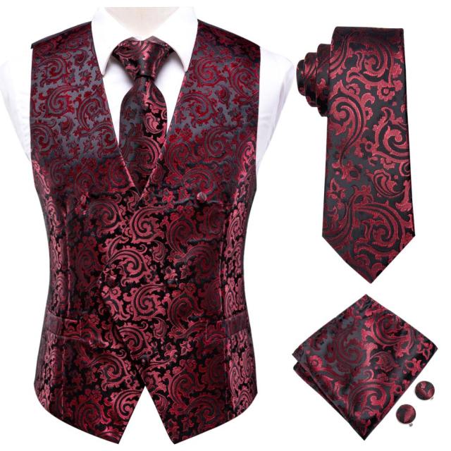 Silk Mens Vests Necktie Set Business Formal Dress Slim Waistcoat 4pcs Vest Tie Hanky Cufflinks for Suit Blue Red Paisley Floral