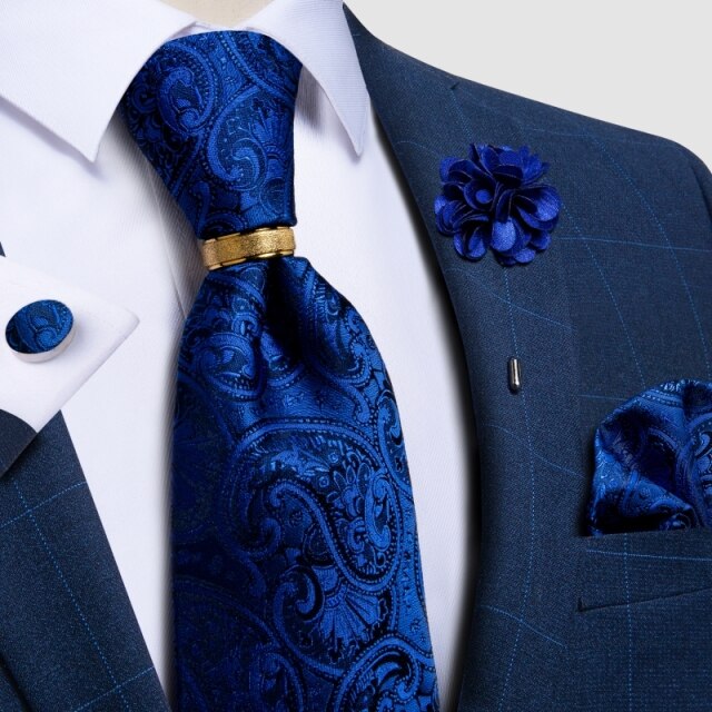 New Fashion Men's Pink Ties Paisley Silk Neck Tie Pcoket Square Brooch Set Wedding Accessories Gravata Gift For Men DiBanGu