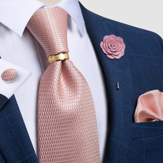 New Fashion Men's Pink Ties Paisley Silk Neck Tie Pcoket Square Brooch Set Wedding Accessories Gravata Gift For Men DiBanGu