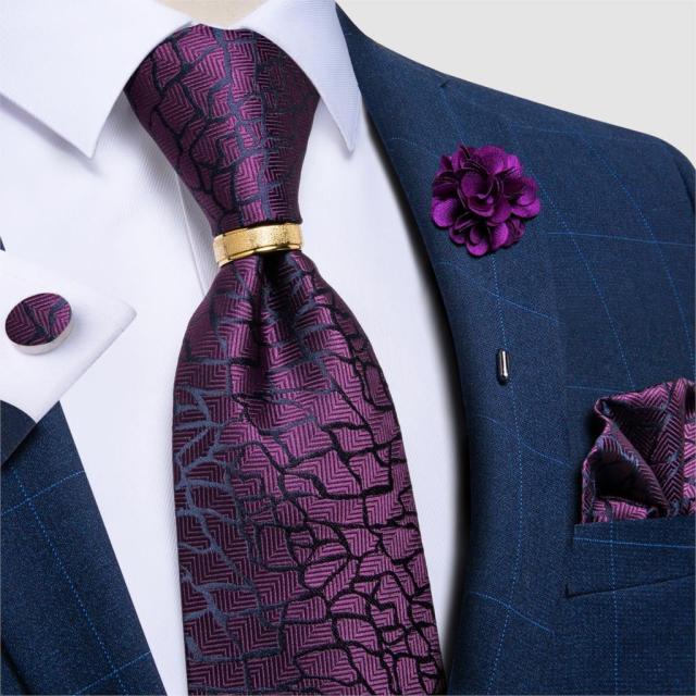 New Fashion Men's Pink Ties Paisley Silk Neck Tie Pcoket Square Brooch Set Wedding Accessories Gravata Gift For Men DiBanGu