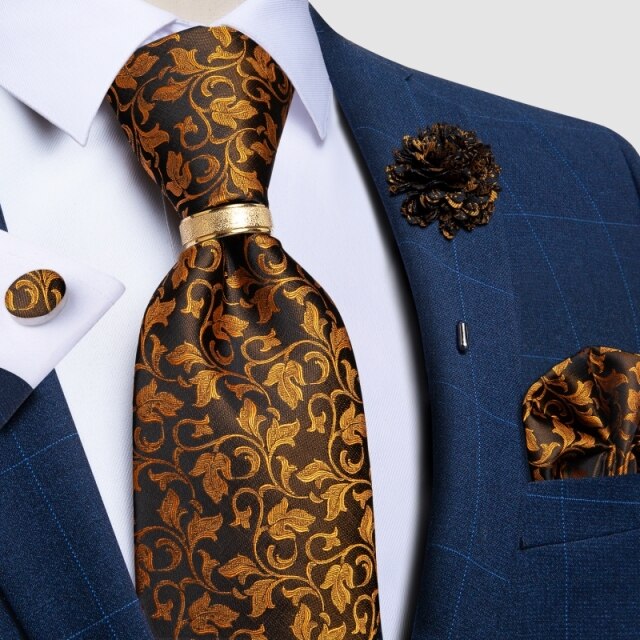 New Fashion Men's Pink Ties Paisley Silk Neck Tie Pcoket Square Brooch Set Wedding Accessories Gravata Gift For Men DiBanGu