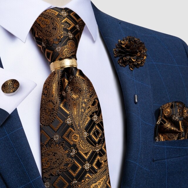 New Fashion Men's Pink Ties Paisley Silk Neck Tie Pcoket Square Brooch Set Wedding Accessories Gravata Gift For Men DiBanGu