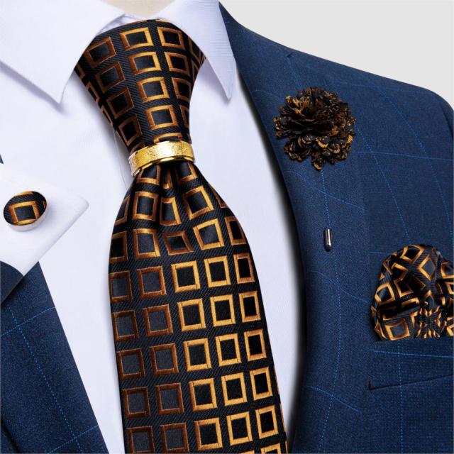 New Fashion Men's Pink Ties Paisley Silk Neck Tie Pcoket Square Brooch Set Wedding Accessories Gravata Gift For Men DiBanGu