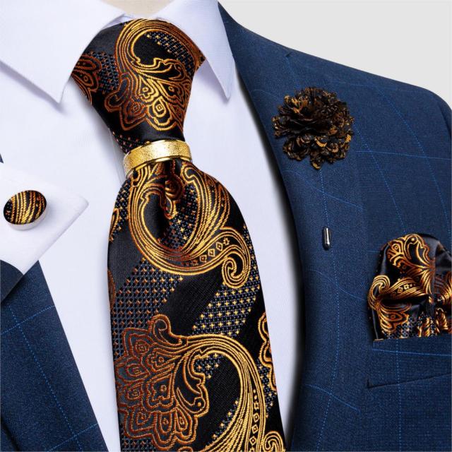 New Fashion Men's Pink Ties Paisley Silk Neck Tie Pcoket Square Brooch Set Wedding Accessories Gravata Gift For Men DiBanGu