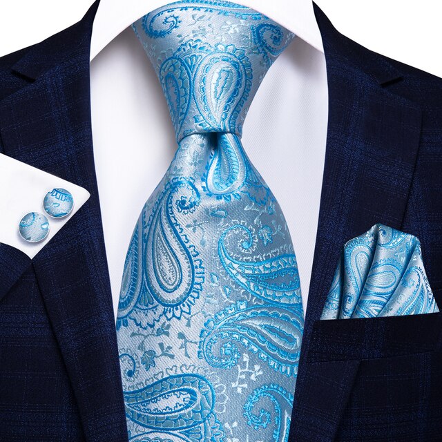 Hi-Tie Men Silk Wedding Tie FLight blue Mint Pink Paisley Solid ashion Design Gift Necktie For Men Hanky Cufflink Business Party