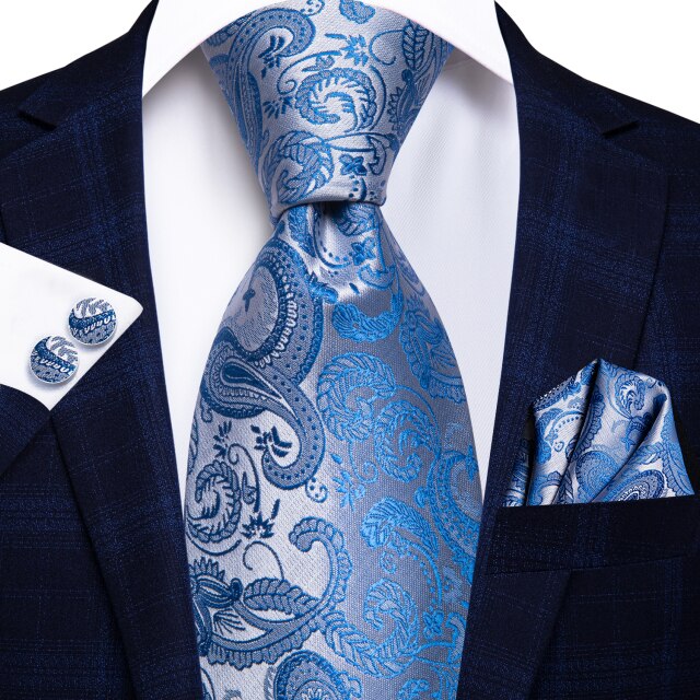 Hi-Tie Men Silk Wedding Tie FLight blue Mint Pink Paisley Solid ashion Design Gift Necktie For Men Hanky Cufflink Business Party