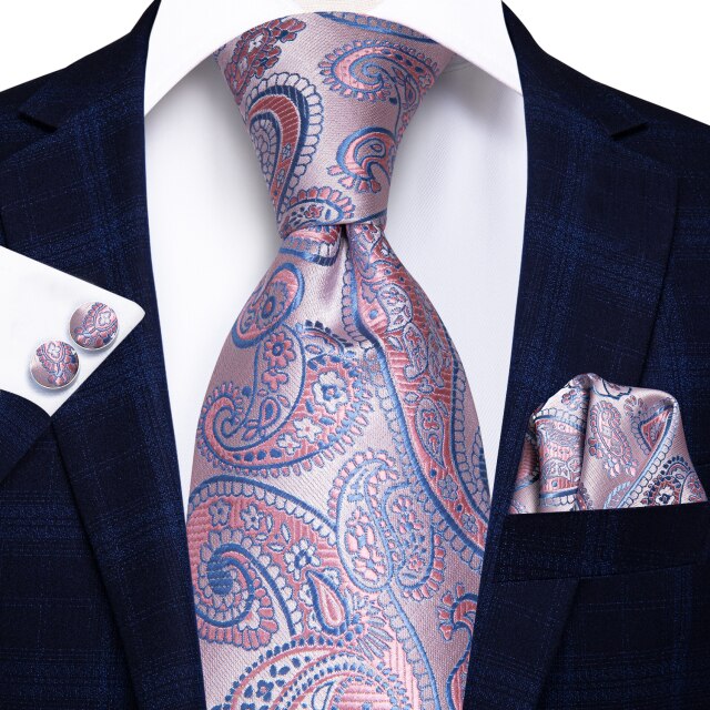 Hi-Tie Men Silk Wedding Tie FLight blue Mint Pink Paisley Solid ashion Design Gift Necktie For Men Hanky Cufflink Business Party