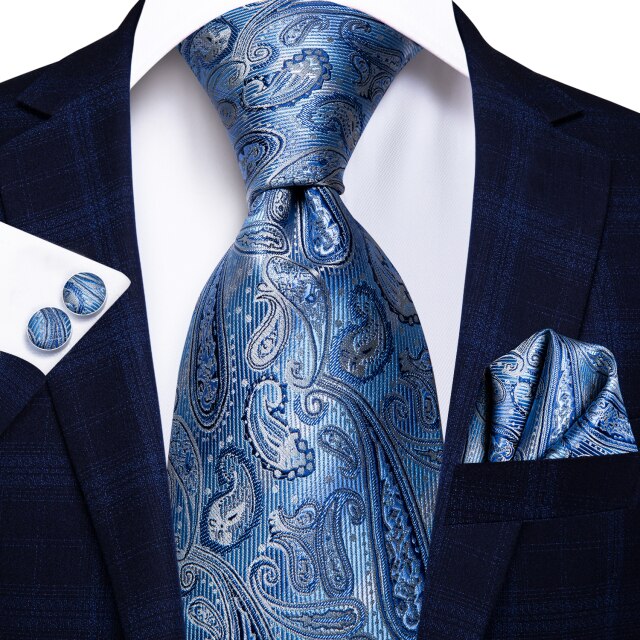 Hi-Tie Men Silk Wedding Tie FLight blue Mint Pink Paisley Solid ashion Design Gift Necktie For Men Hanky Cufflink Business Party
