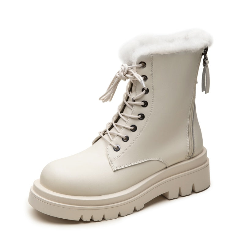 Women Split Leather Snow Boots Fashion Female Lace Up Platform Shoes Ladies Black Round Toe Zipper Style Ankle Boots 2021 Winter