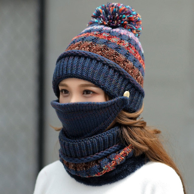 2020 Hat winter women's Mask balaclava Hat for girls Scarf Thick Warm Fleece Inside Knitted Hat Scarf Set 3pcs Winter Hats