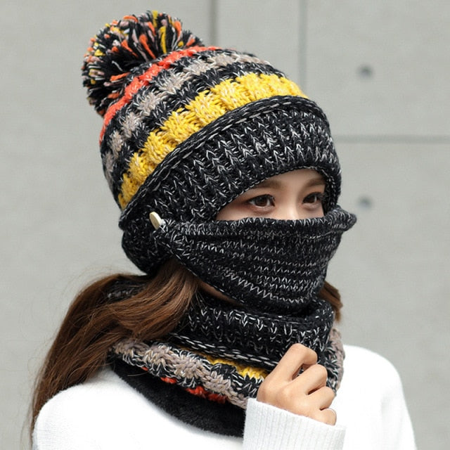 2020 Hat winter women's Mask balaclava Hat for girls Scarf Thick Warm Fleece Inside Knitted Hat Scarf Set 3pcs Winter Hats