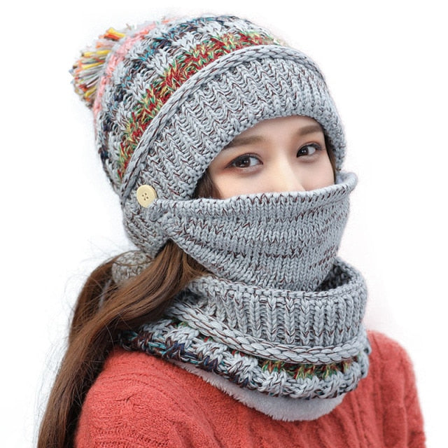 2020 Hat winter women's Mask balaclava Hat for girls Scarf Thick Warm Fleece Inside Knitted Hat Scarf Set 3pcs Winter Hats