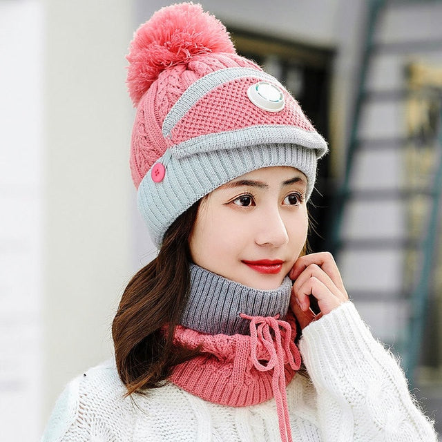 2020 Hat winter women's Mask balaclava Hat for girls Scarf Thick Warm Fleece Inside Knitted Hat Scarf Set 3pcs Winter Hats