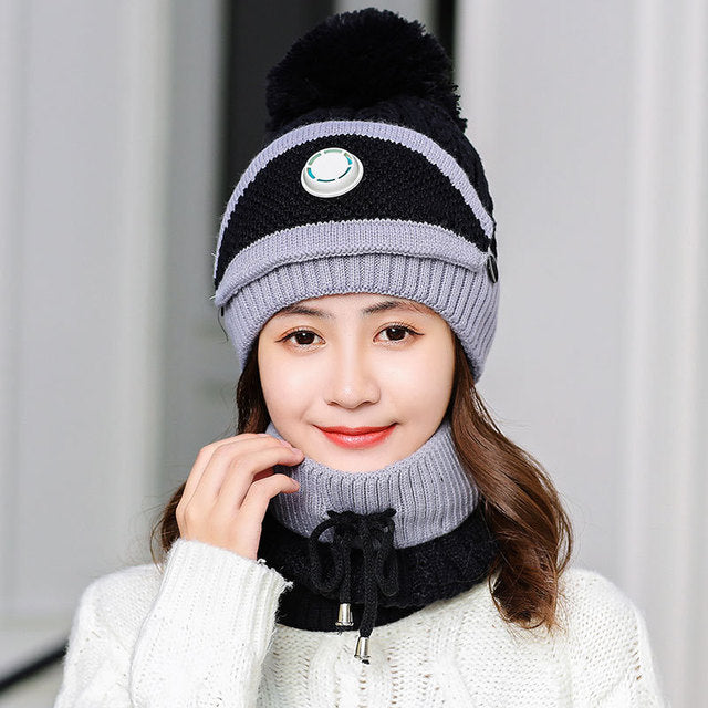 2020 Hat winter women's Mask balaclava Hat for girls Scarf Thick Warm Fleece Inside Knitted Hat Scarf Set 3pcs Winter Hats