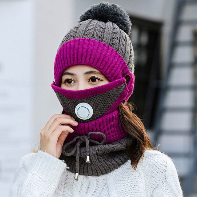 2020 Hat winter women's Mask balaclava Hat for girls Scarf Thick Warm Fleece Inside Knitted Hat Scarf Set 3pcs Winter Hats