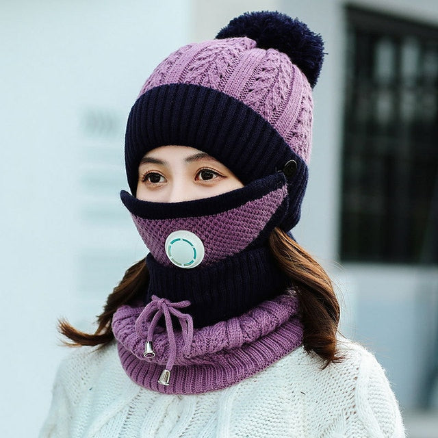 2020 Hat winter women's Mask balaclava Hat for girls Scarf Thick Warm Fleece Inside Knitted Hat Scarf Set 3pcs Winter Hats