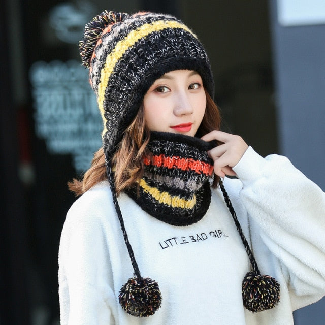 2020 Hat winter women's Mask balaclava Hat for girls Scarf Thick Warm Fleece Inside Knitted Hat Scarf Set 3pcs Winter Hats