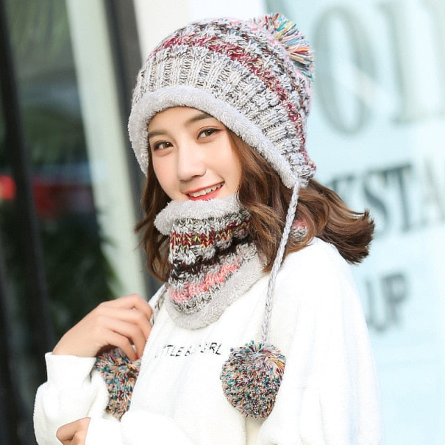 2020 Hat winter women's Mask balaclava Hat for girls Scarf Thick Warm Fleece Inside Knitted Hat Scarf Set 3pcs Winter Hats