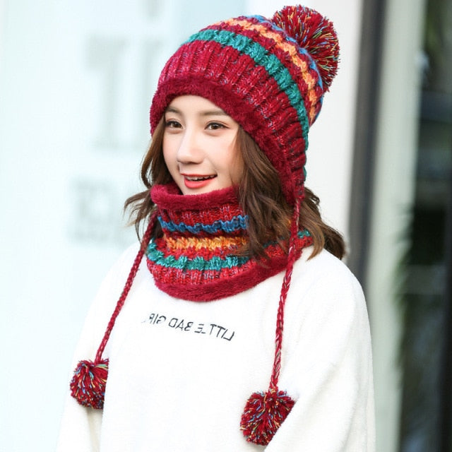 2020 Hat winter women's Mask balaclava Hat for girls Scarf Thick Warm Fleece Inside Knitted Hat Scarf Set 3pcs Winter Hats