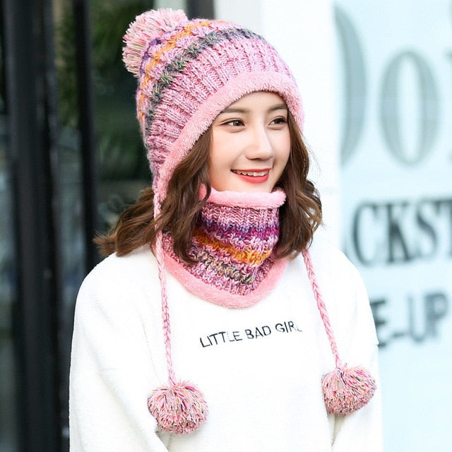 2020 Hat winter women's Mask balaclava Hat for girls Scarf Thick Warm Fleece Inside Knitted Hat Scarf Set 3pcs Winter Hats