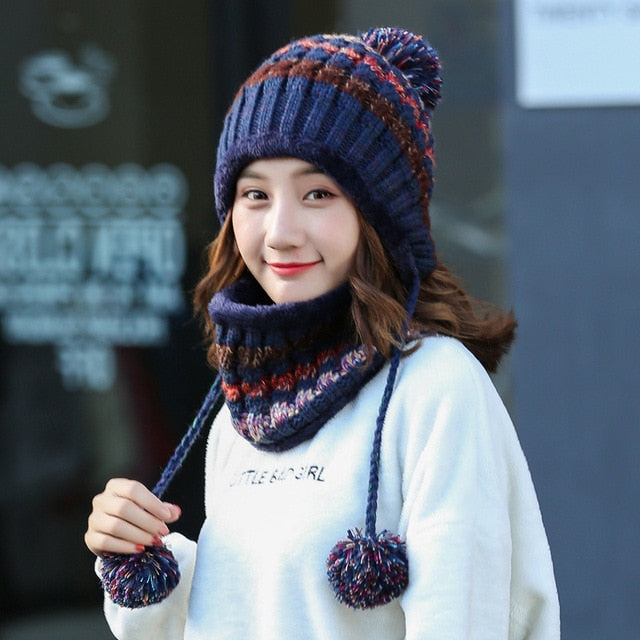 2020 Hat winter women's Mask balaclava Hat for girls Scarf Thick Warm Fleece Inside Knitted Hat Scarf Set 3pcs Winter Hats