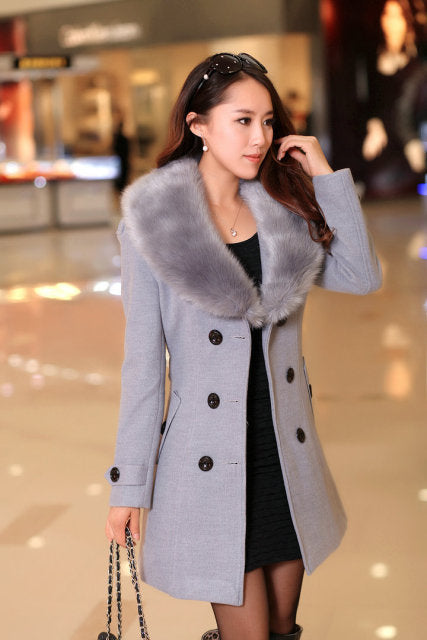 Womens Faux Fur Collar Solid Trench Coats Lady Slim Double Breasted Woolen Jackets Coat New Autumn Winter Female Outwear 5Xl