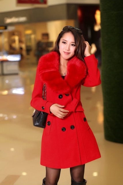 Womens Faux Fur Collar Solid Trench Coats Lady Slim Double Breasted Woolen Jackets Coat New Autumn Winter Female Outwear 5Xl