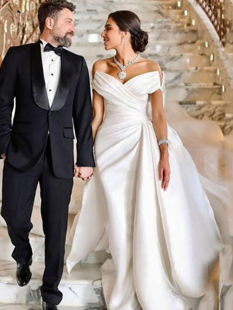LORIE Princess Wedding Dress With Long Train Satin Mermaid Bride Dresses Off The Shoulder Wedding Party Dress Long Train
