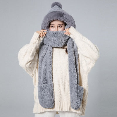 ZDFURS*Autumn and winter hat female plush thick double-layer northeast hat warm cycling neck scarf scarf gloves one gift