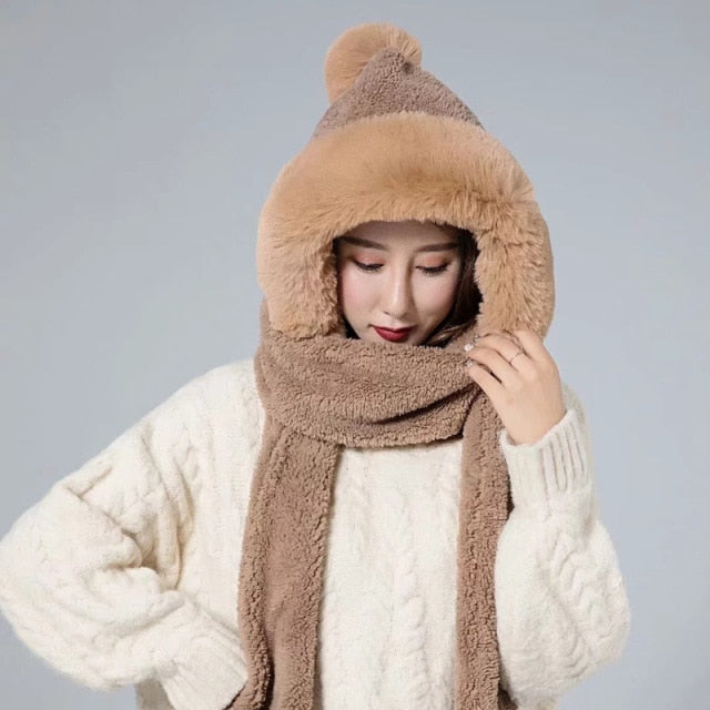 ZDFURS*Autumn and winter hat female plush thick double-layer northeast hat warm cycling neck scarf scarf gloves one gift