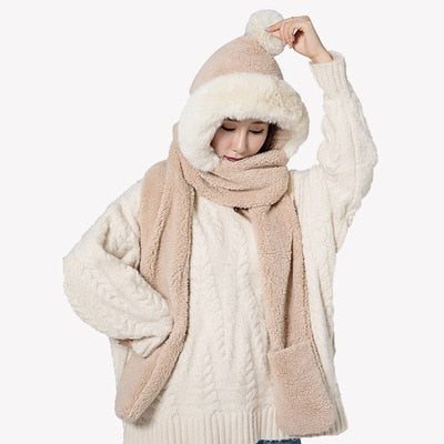 ZDFURS*Autumn and winter hat female plush thick double-layer northeast hat warm cycling neck scarf scarf gloves one gift