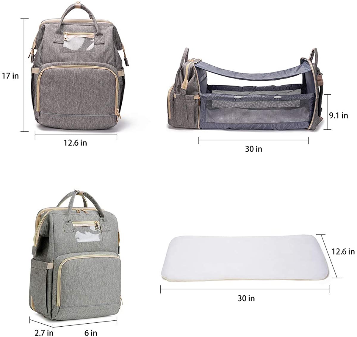 3 In 1 Diaper Bag Backpack Foldable Baby Bed Waterproof Travel Bag with USB Charge Diaper Bag Backpack with Changing Bed