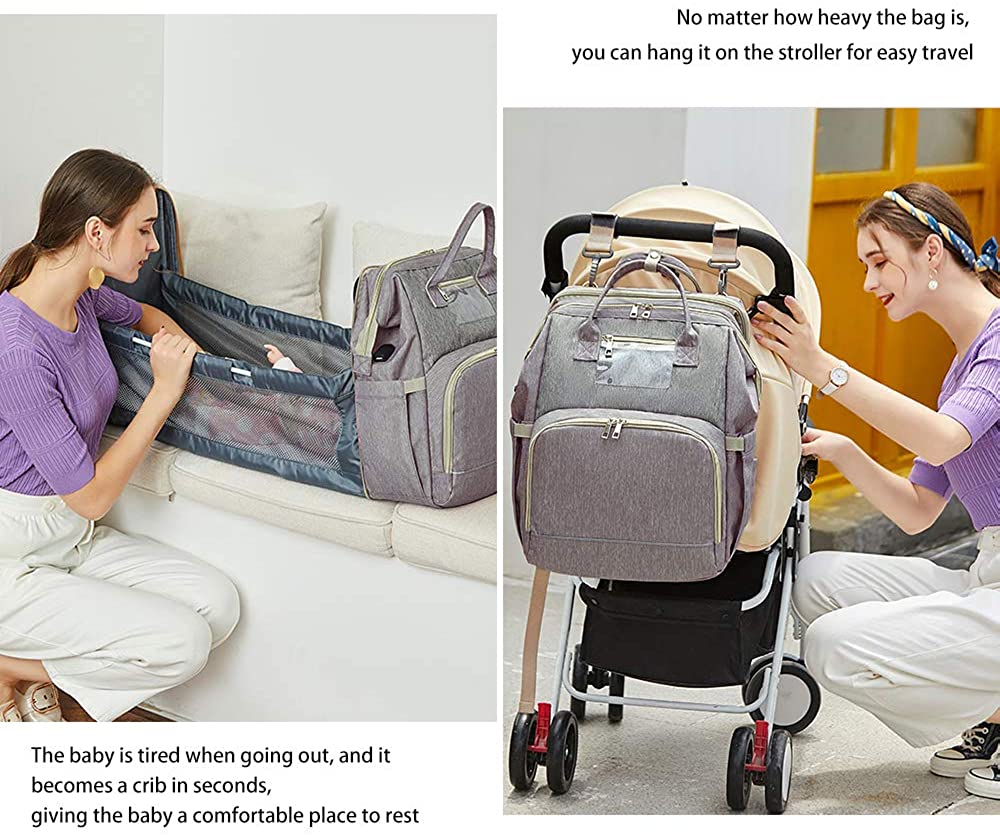 3 In 1 Diaper Bag Backpack Foldable Baby Bed Waterproof Travel Bag with USB Charge Diaper Bag Backpack with Changing Bed