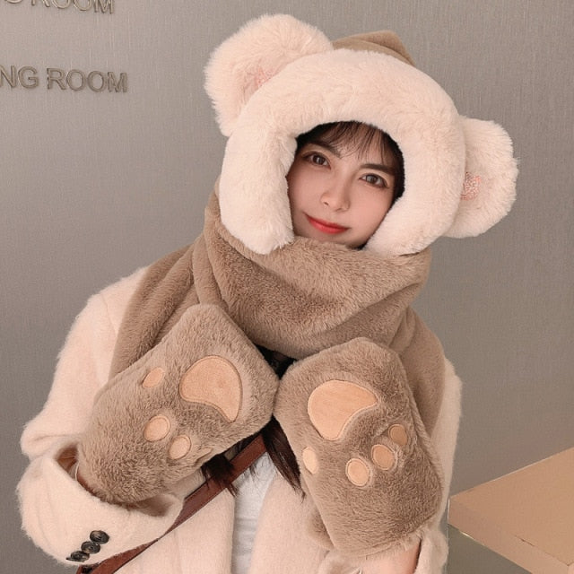 ZDFURS*Autumn and winter hat female plush thick double-layer northeast hat warm cycling neck scarf scarf gloves one gift