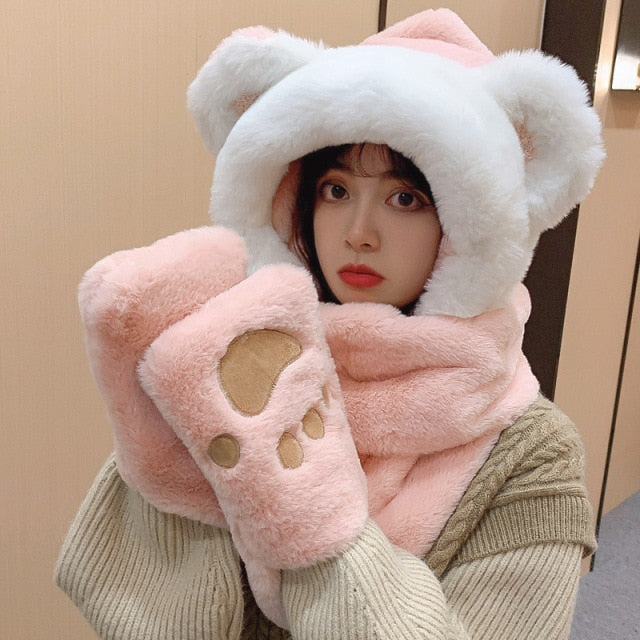 ZDFURS*Autumn and winter hat female plush thick double-layer northeast hat warm cycling neck scarf scarf gloves one gift