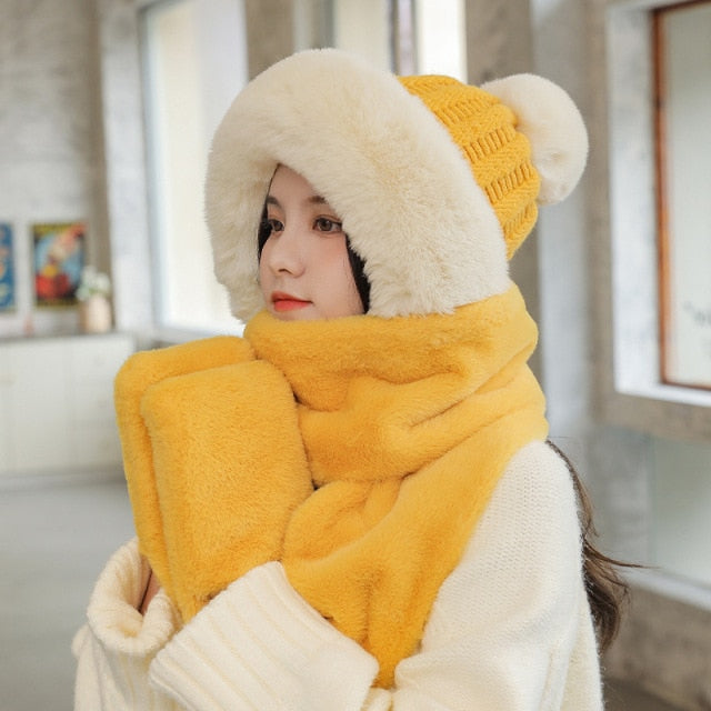 ZDFURS*Autumn and winter hat female plush thick double-layer northeast hat warm cycling neck scarf scarf gloves one gift