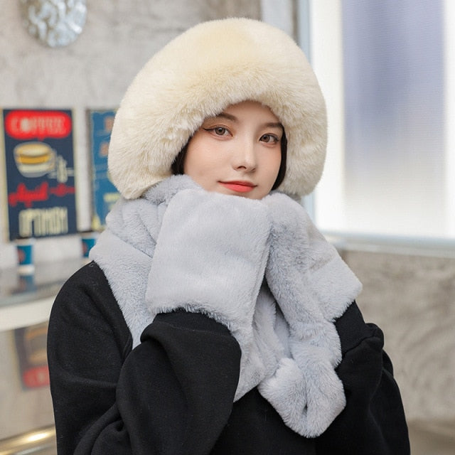 ZDFURS*Autumn and winter hat female plush thick double-layer northeast hat warm cycling neck scarf scarf gloves one gift