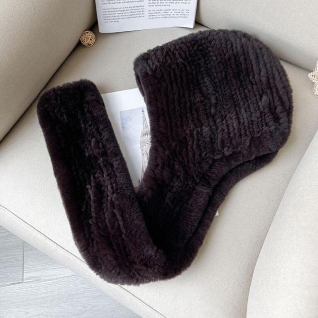 ZDFURS * 2021 new Women Real Knitted Rex Rabbit Fur Hat Hooded Scarf Long Winter Warm Fur Hat With Neck Collar Scarves hat scarf