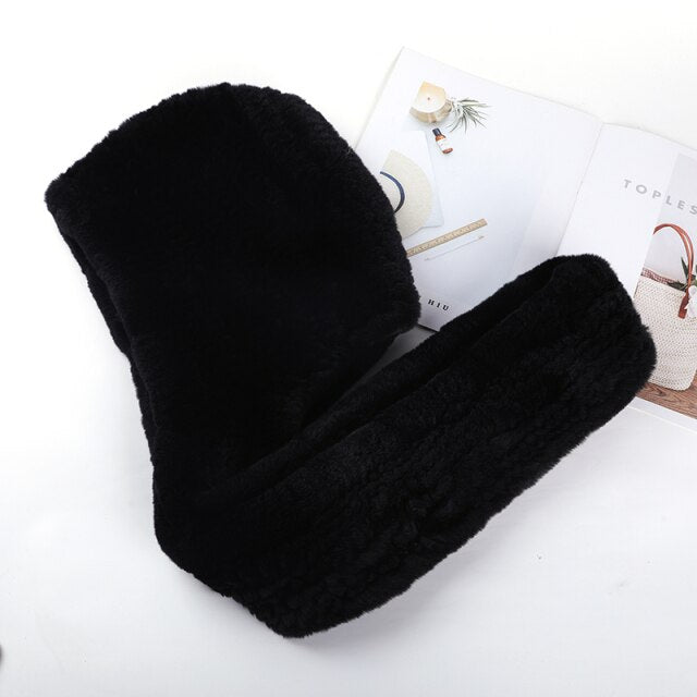 ZDFURS * 2021 new Women Real Knitted Rex Rabbit Fur Hat Hooded Scarf Long Winter Warm Fur Hat With Neck Collar Scarves hat scarf
