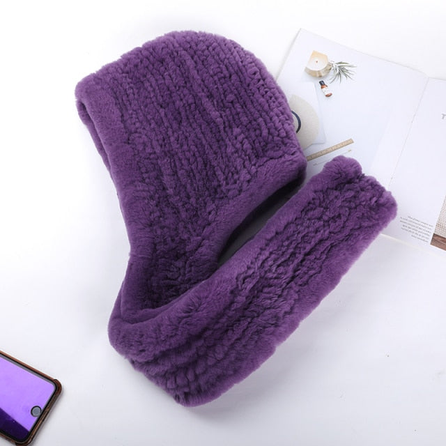 ZDFURS * 2021 new Women Real Knitted Rex Rabbit Fur Hat Hooded Scarf Long Winter Warm Fur Hat With Neck Collar Scarves hat scarf
