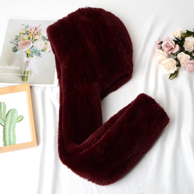 ZDFURS * 2021 new Women Real Knitted Rex Rabbit Fur Hat Hooded Scarf Long Winter Warm Fur Hat With Neck Collar Scarves hat scarf
