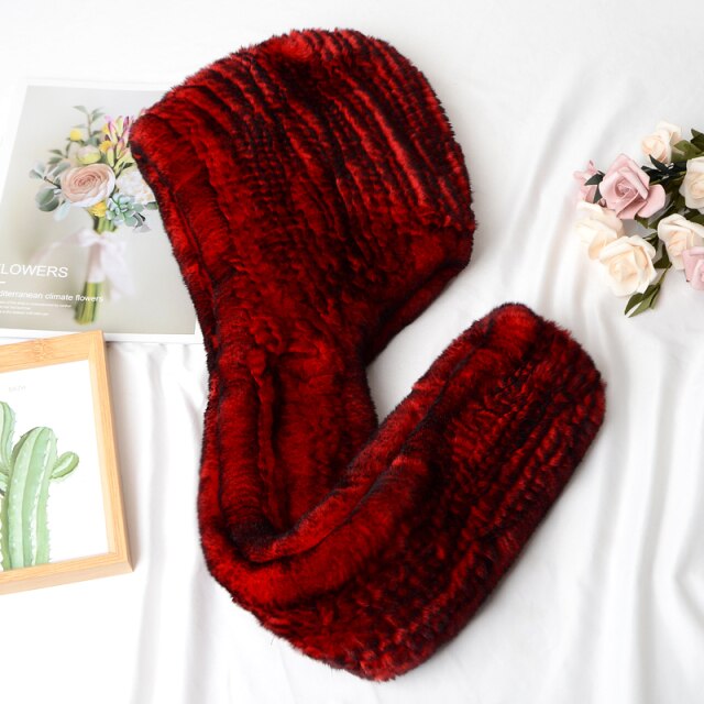 ZDFURS * 2021 new Women Real Knitted Rex Rabbit Fur Hat Hooded Scarf Long Winter Warm Fur Hat With Neck Collar Scarves hat scarf