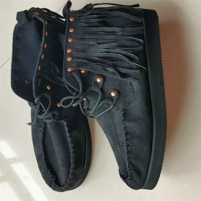 Winter Women Ankle Boots British Style Tube Frosted Tassel Boots Pop Tide Lace-Up Boho Boots Women Cowboy Shoes Botas Mujer