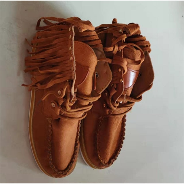 Winter Women Ankle Boots British Style Tube Frosted Tassel Boots Pop Tide Lace-Up Boho Boots Women Cowboy Shoes Botas Mujer