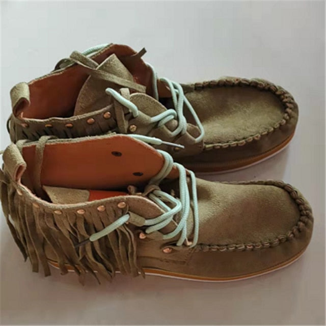 Winter Women Ankle Boots British Style Tube Frosted Tassel Boots Pop Tide Lace-Up Boho Boots Women Cowboy Shoes Botas Mujer