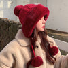 Autumn And Winter Women's Hat, Big Hair Ball And Woolen Yarn Hat, Outdoor Warm Knit Hat, Solid Satin Hat, Cashmere Ladies Cap
