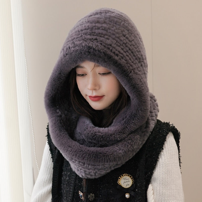 ZDFURS * 2021 new Women Real Knitted Rex Rabbit Fur Hat Hooded Scarf Long Winter Warm Fur Hat With Neck Collar Scarves hat scarf