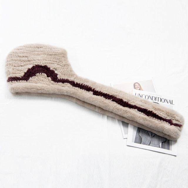 ZDFURS * 2021 new Women Real Knitted Rex Rabbit Fur Hat Hooded Scarf Long Winter Warm Fur Hat With Neck Collar Scarves hat scarf